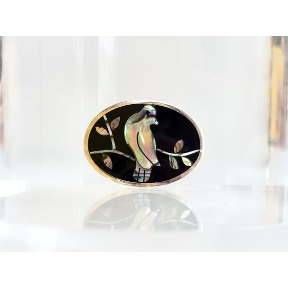 Bird Figural Taxco Mexican Abalone Shell & Onyx Vintage Sterling Silver Brooch - Picture 4 of 9